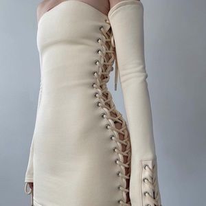 Tan strapless lace up dress from @hiddencult